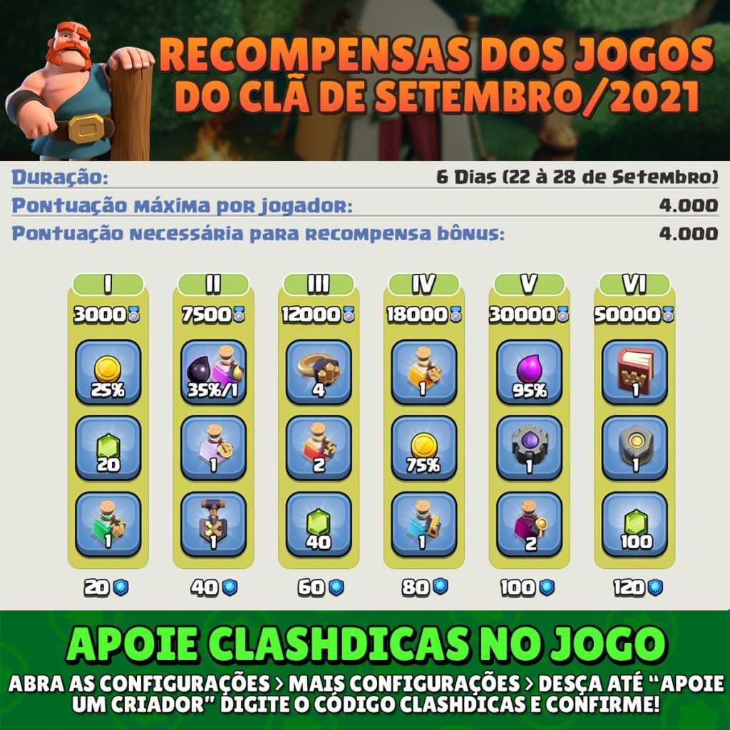 Recompensas dos Jogos do Clã de Setembro/2021