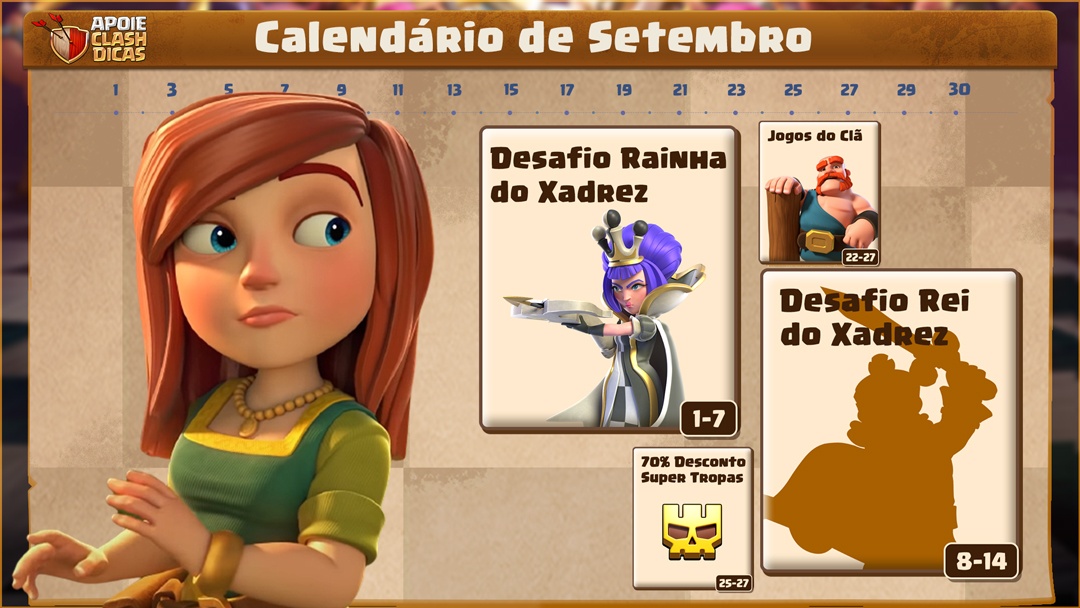 Calendário de Setembro: Xadrez Clash com Desafios Especiais, Skins