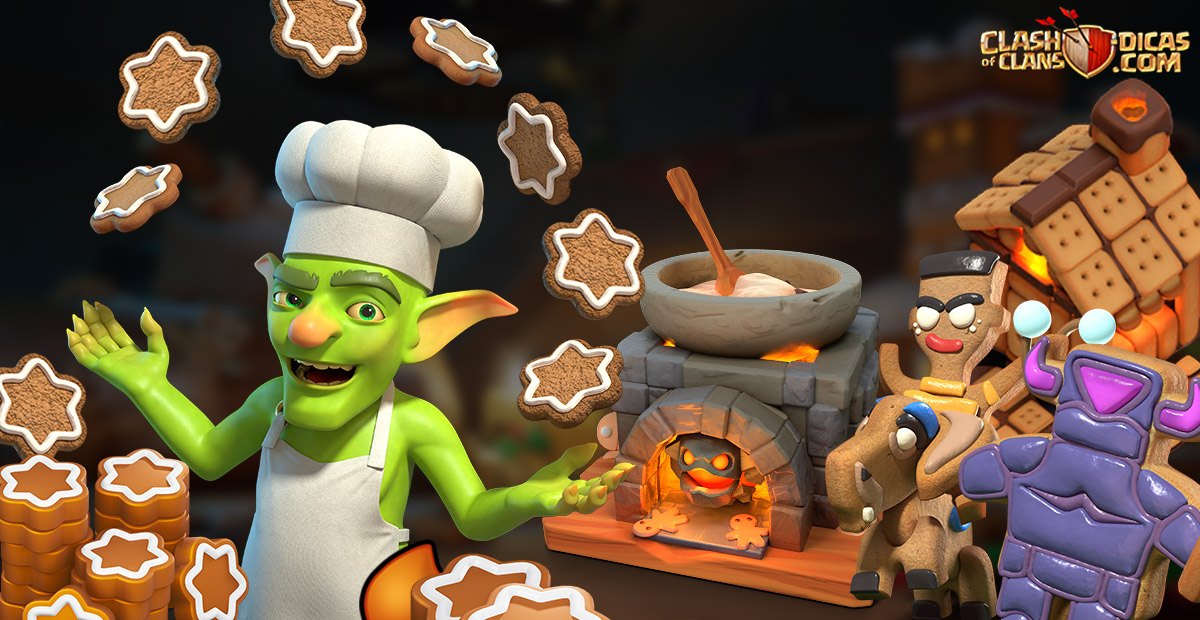 Evento Cookies Caóticos: Consiga a Skin do Rei de Biscoito, Equipamento  Épico e Tropas Temáticas de Natal - Clash of Clans Dicas