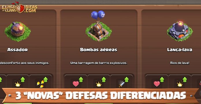Ciclo de Abril: Conheça as Novas Defesas Temporárias do Clash Novas Defesas Diferenciadas: Bombas Aéreas, Lança-Lava e Assador!