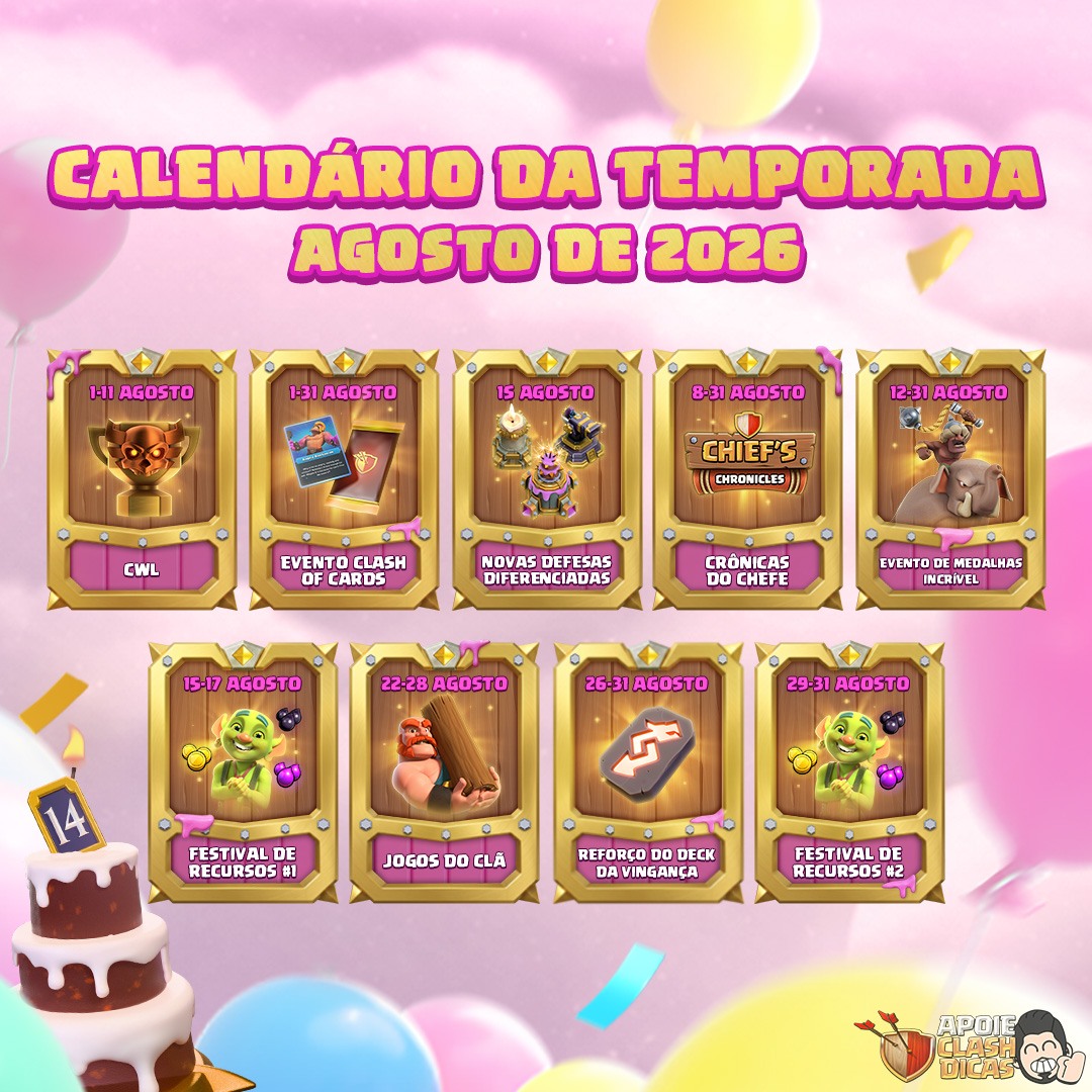 Calendário de eventos de agosto 2026 Calendário de eventos de agosto 2026 no Clash of Clans