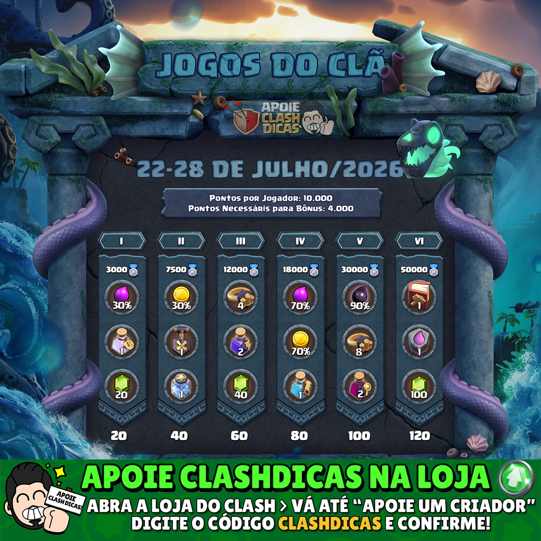 Recompensas dos Jogos do Clã - Julho 2026 Lista de recompensas dos Jogos do Clã julho 2026