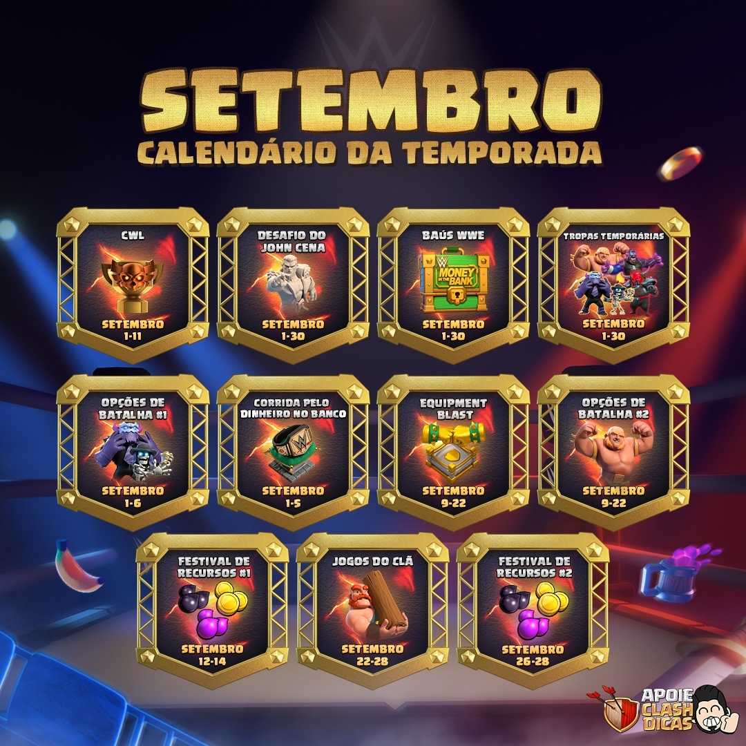 Calendário de eventos de setembro de 2026 no Clash of Clans Calendário da temporada WWE de setembro de 2026 no Clash of Clans