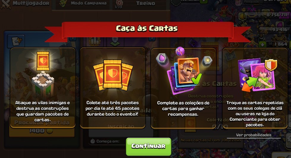Evento Clash Carteador em Clash of Clans com pacotes de cartas Evento Clash Carteador em Clash of Clans com pacotes de cartas
