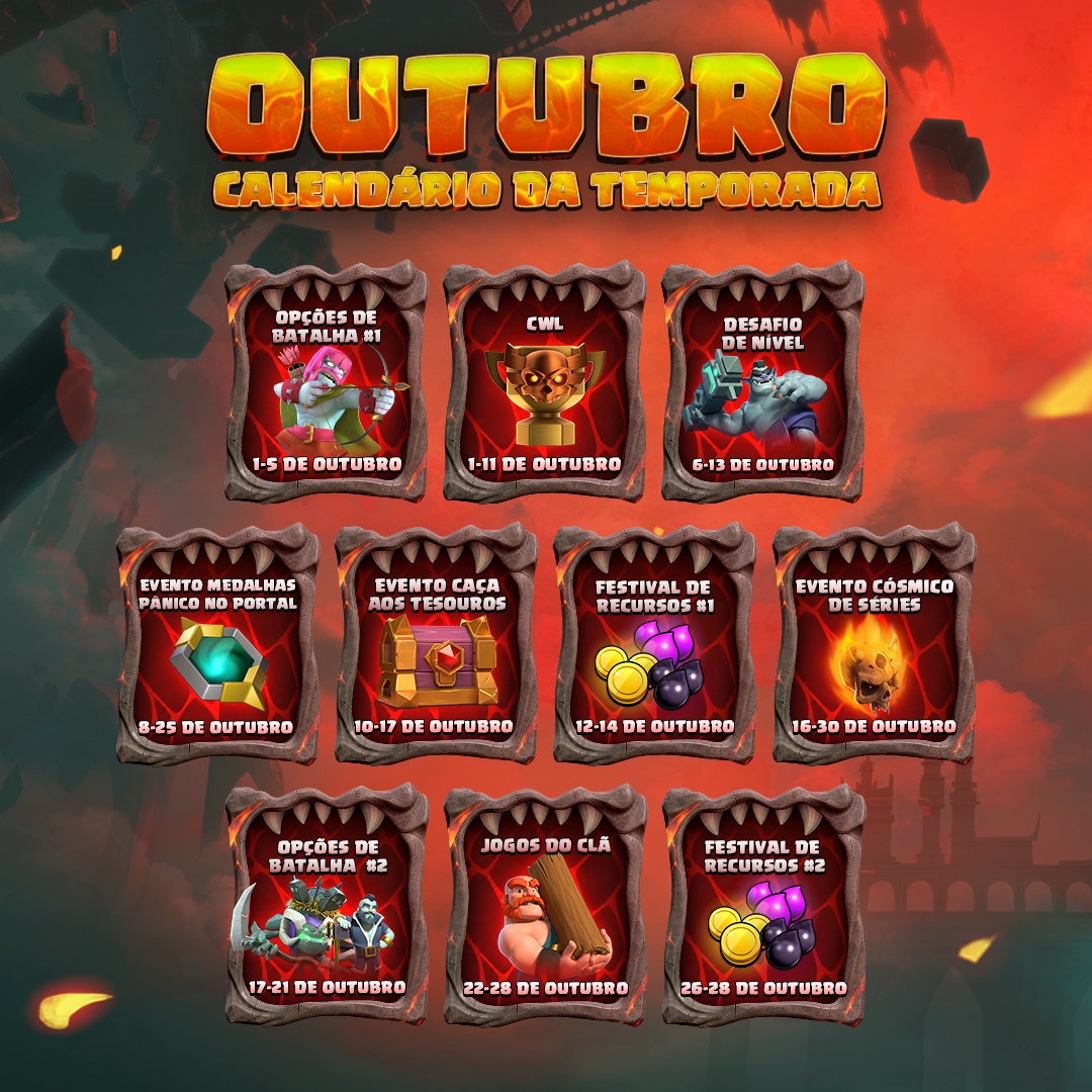 Calendário de eventos de outubro de 2026 no Clash of Clans Calendário da temporada Cosmic Curse Portal Panic de outubro de 2026