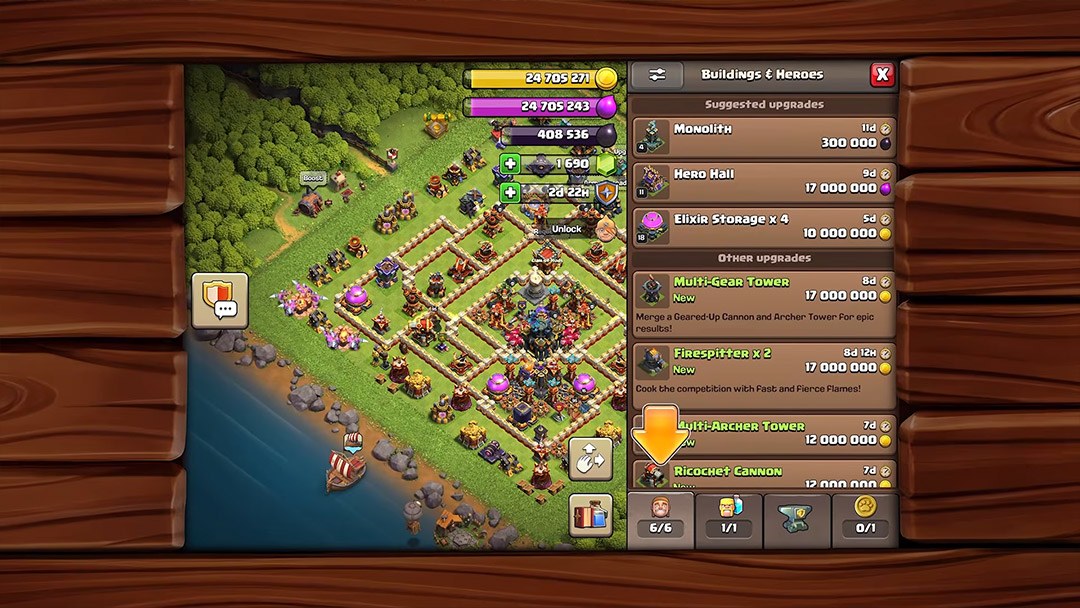 Novo botão Construir de Clash of Clans Novo menu Construir de Clash of Clans com abas de melhorias e construções